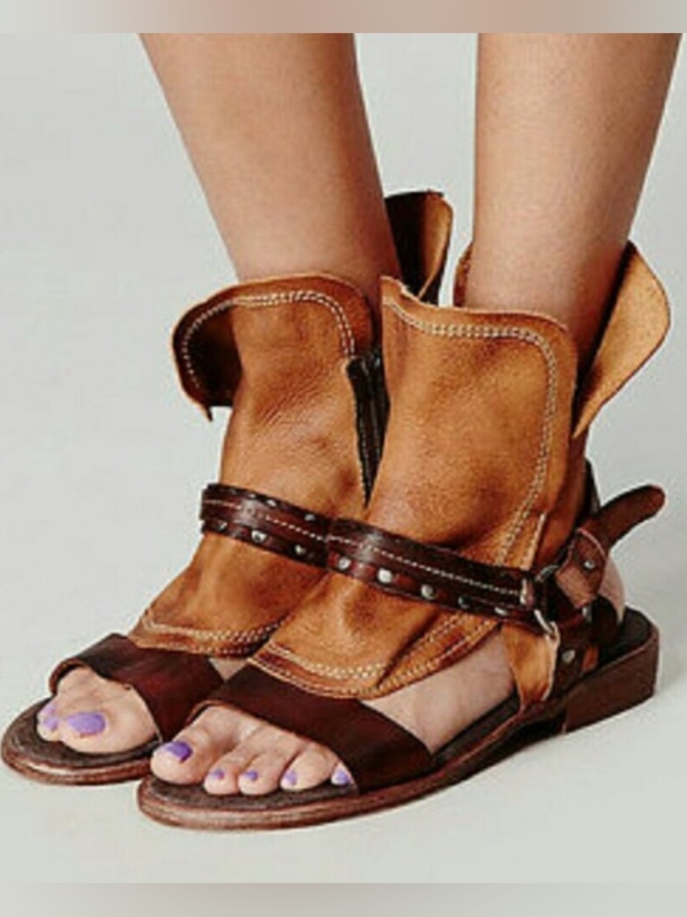 Free People 7 Everything Went West leather bootie studded harness flat sandal